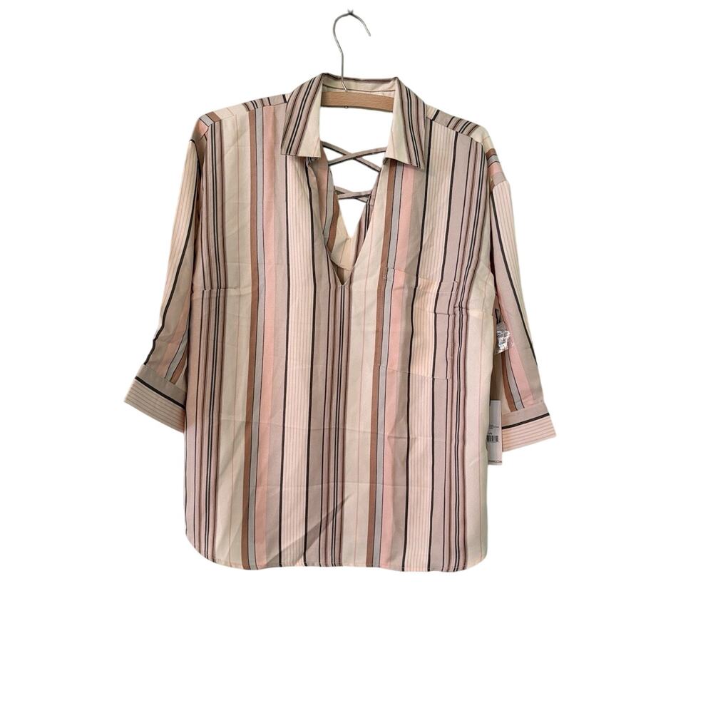 Dex Womens Large Striped Pink Orange Beige Tunic Shirt 3/4 Sleeves With Pocket